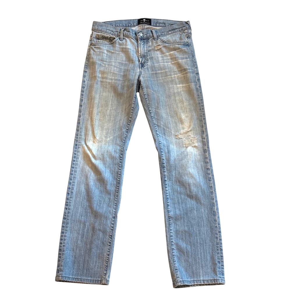 7 For All Mankind Jeans Mens 33x30 Blue Slimmy Distressed Tapered Stretch USA